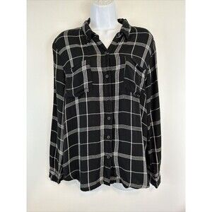 Lucky Brand Women's Black Plaid Long Sleeve Soft Viscose Button Front Top Large